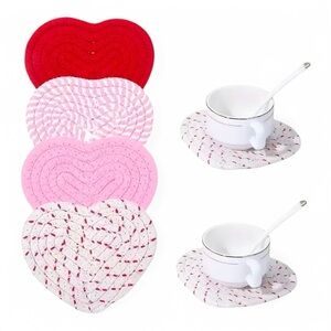 Heat Resistant 4pcs Handcrafted Heart-Shaped Coasters Set Colorful Hemp Rope ♥️